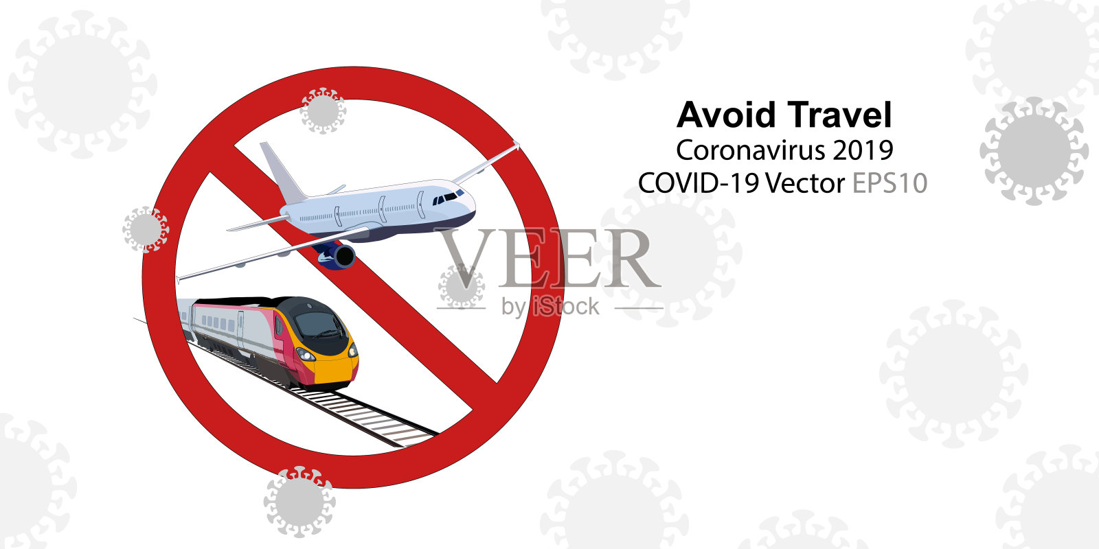预防冠状病毒感染，应避免前往疫情爆发地区，该地区有以新冠病毒为背景的飞机和火车停靠标志。插画图片素材