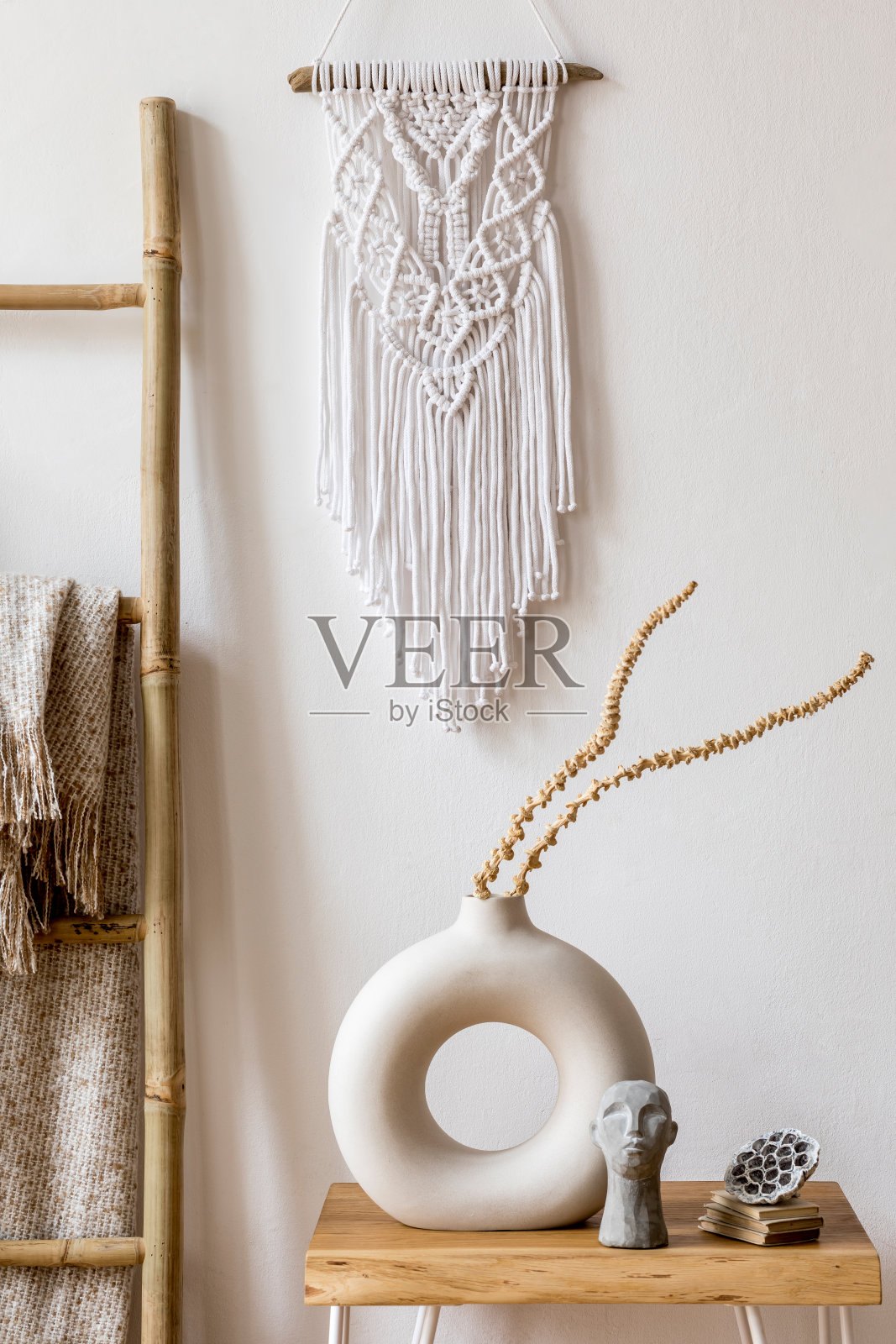 客厅室内设计，时髦的干花花瓶，木梯子，格子，白色流线和个人饰品的家庭装饰。照片摄影图片
