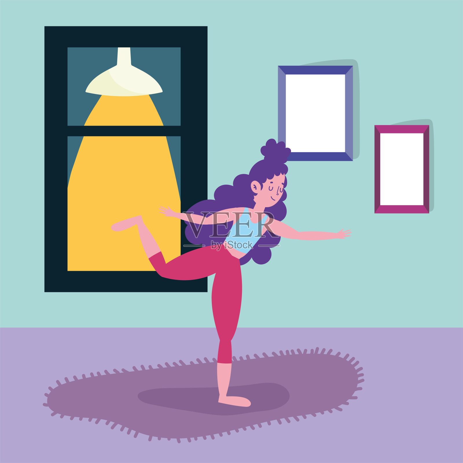 年轻女子在家里练习瑜伽运动插画图片素材