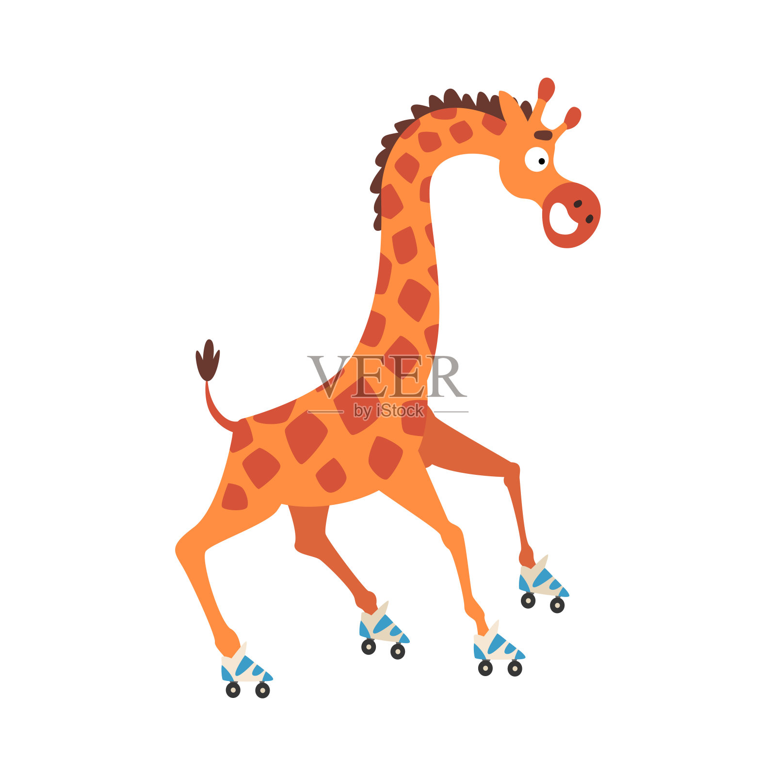 可爱的长颈鹿滑旱冰，有趣的疯狂非洲动物卡通人物矢量插图插画图片素材
