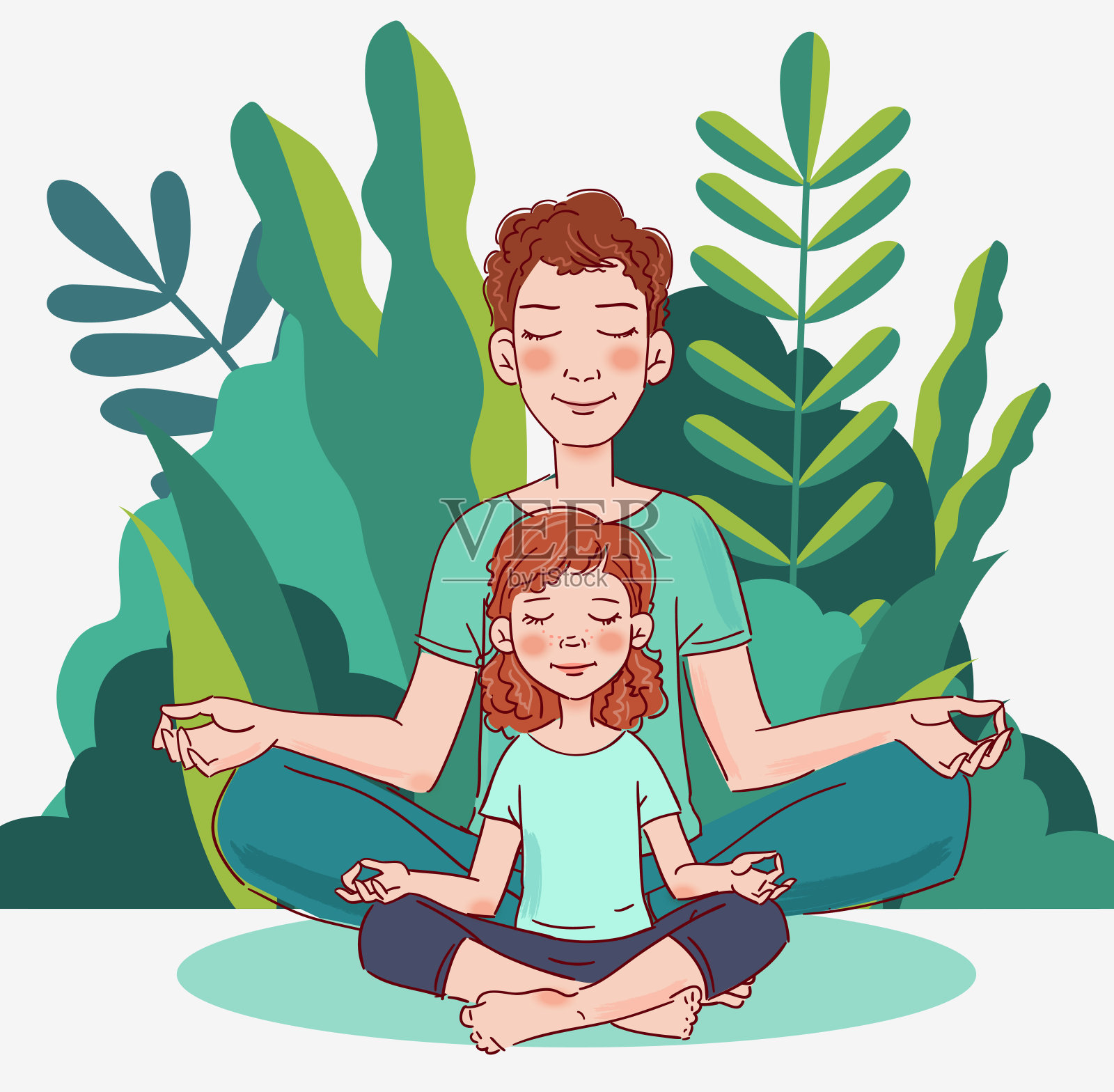 爸爸和女儿在花园里练瑜伽。家庭瑜伽矢量插图。夏天的风景背景插画图片素材