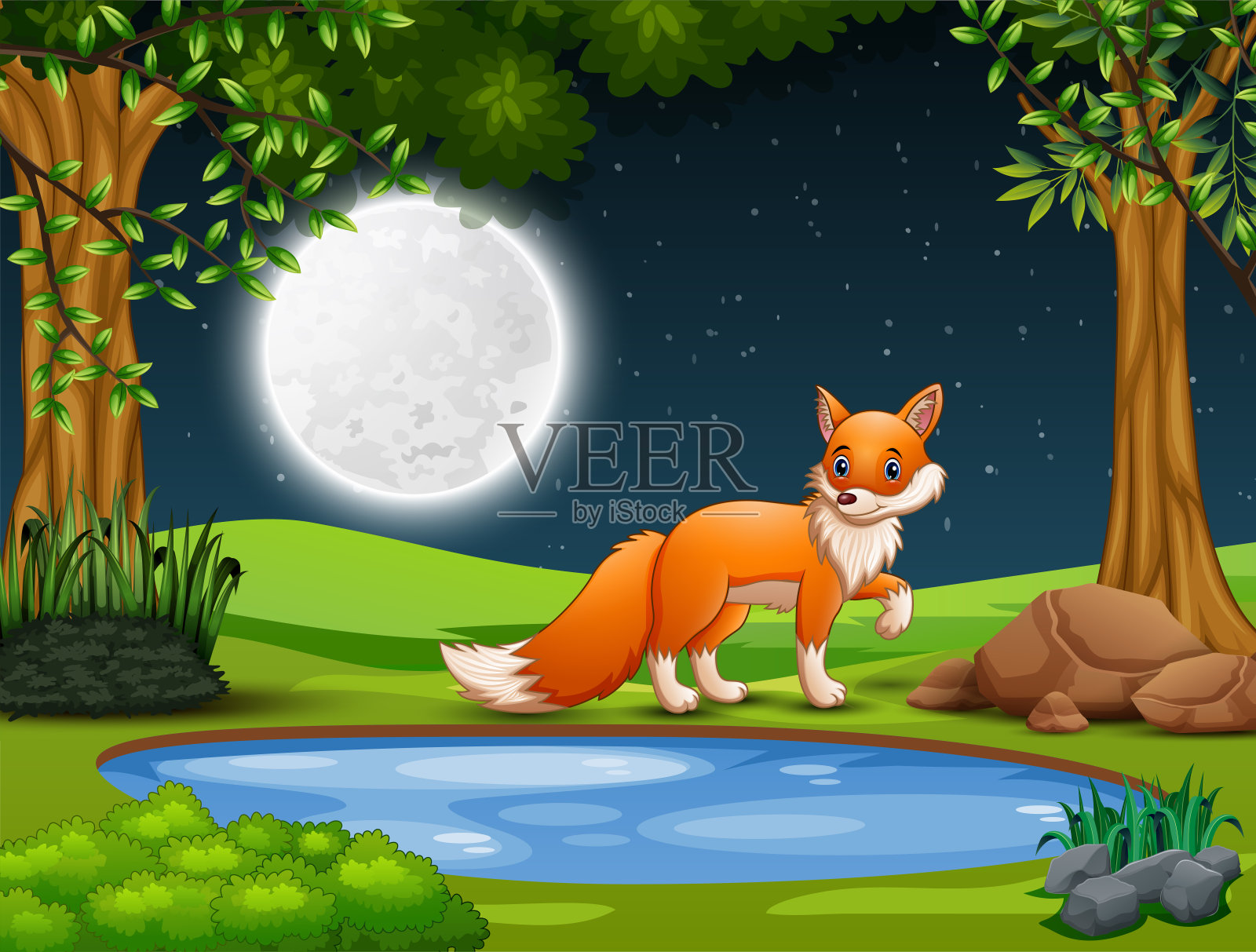 一只在夜间寻找猎物的狐狸插画图片素材