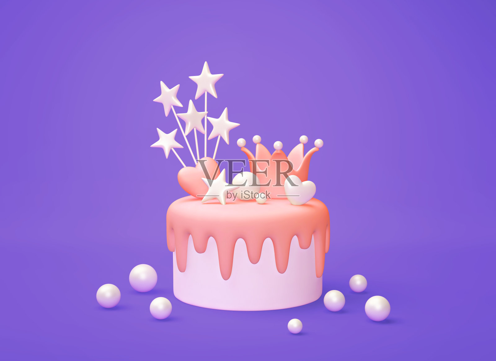 生日蛋糕装饰的皇冠，心形和星星在紫蓝色的背景插画图片素材