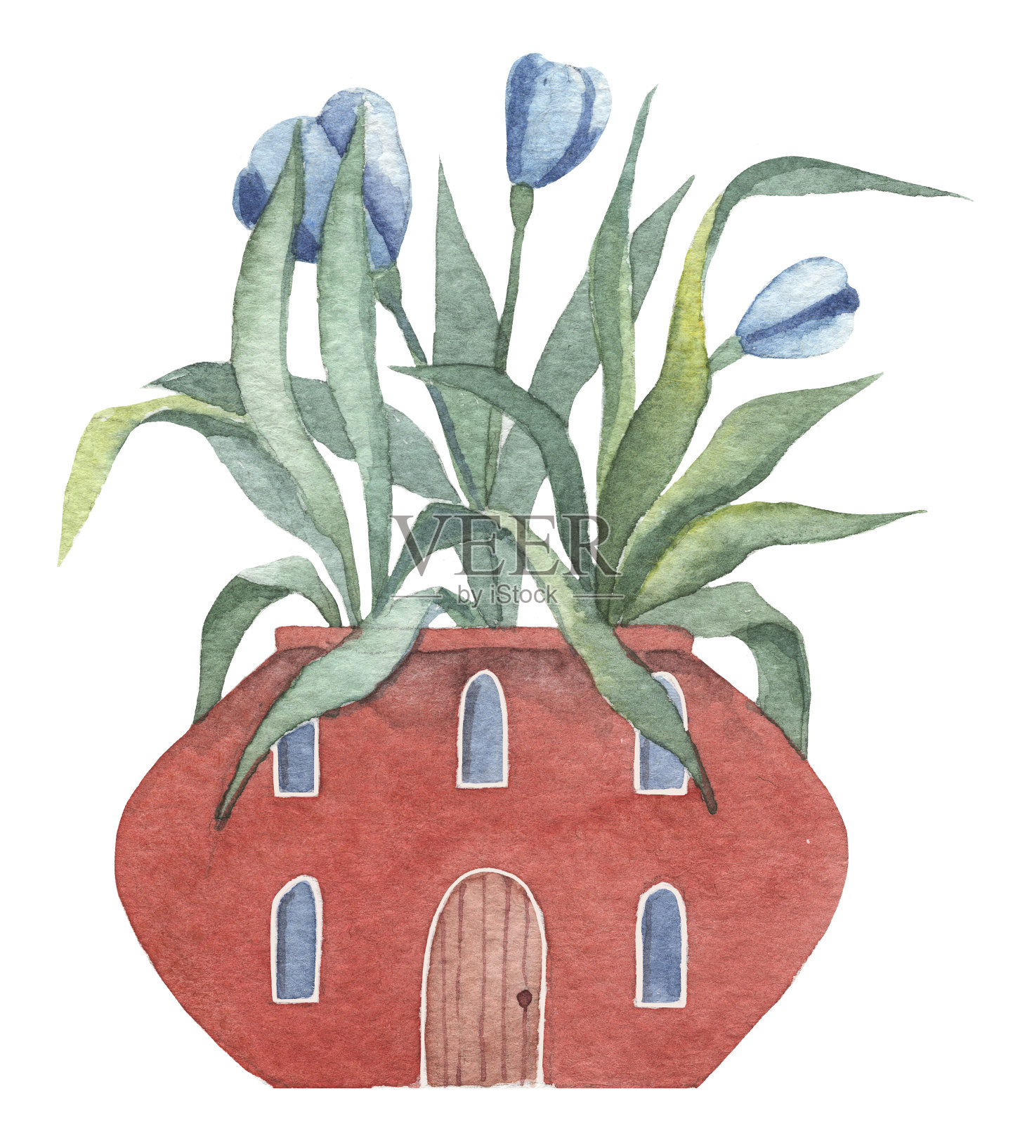 水彩手绘陶土花盆与木门和蓝色花朵插画图片素材