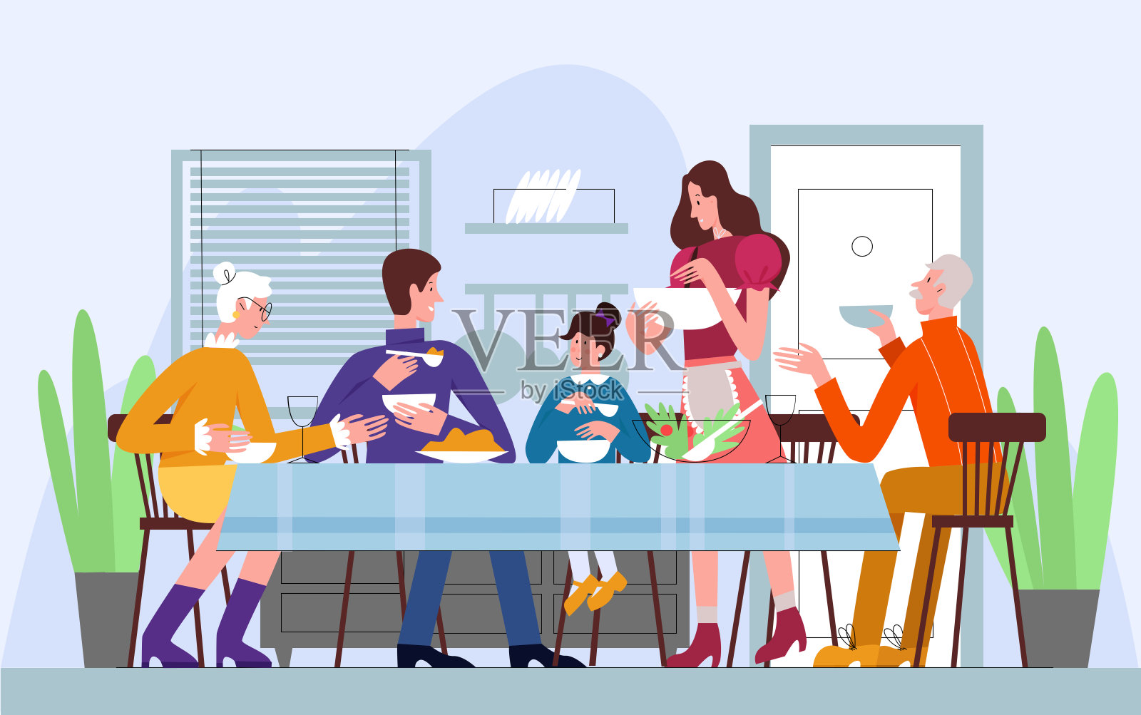 家庭晚餐，传统的膳食矢量插图家庭晚餐插画图片素材