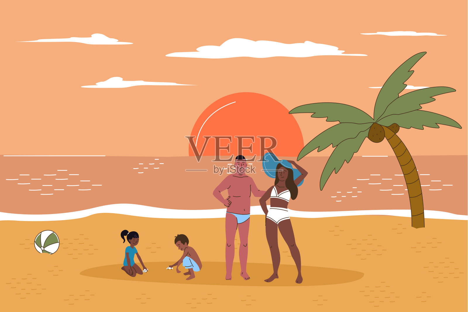 多种族家庭在沙滩上日落平线字符矢量插图概念插画图片素材