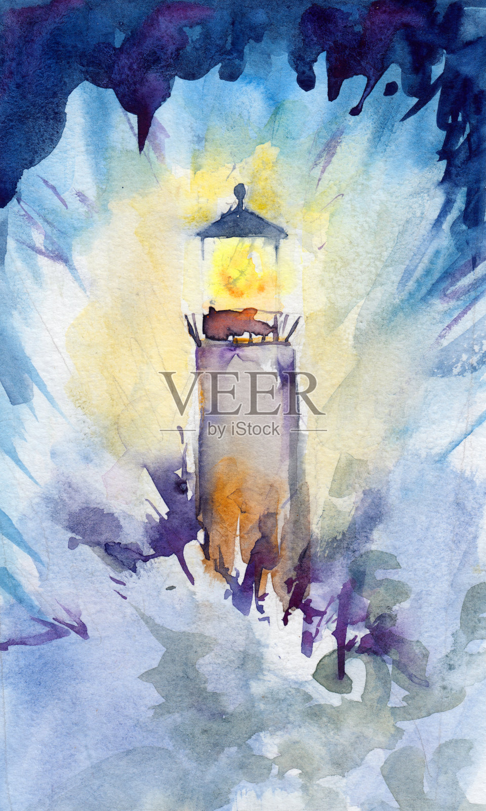 灯塔水彩插图手绘。灯塔背对着海，海浪拍打着基，海梁。可用于卡片或背景。设计元素图片