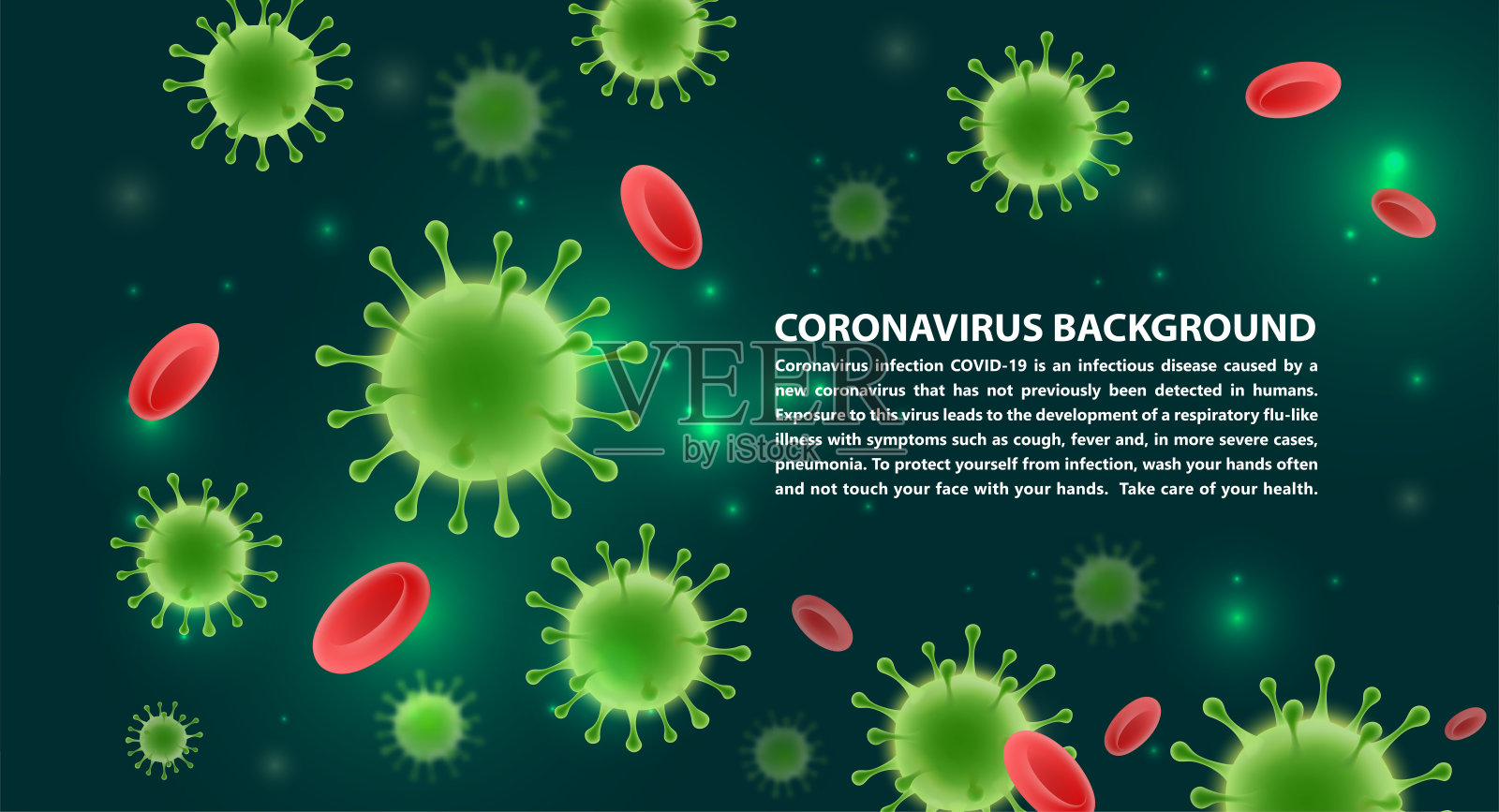 艺术。冠状病毒2019-ncov和病毒背景。COVID-19在深绿色背景上。大流行医学概念。插画图片素材