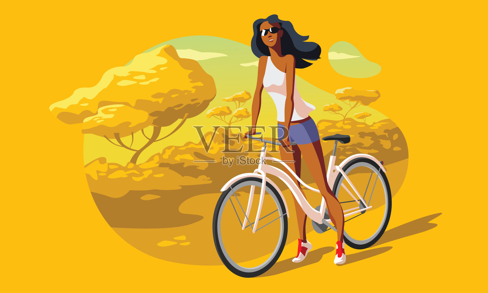 年轻女子骑着自行车站在公园里插画图片素材