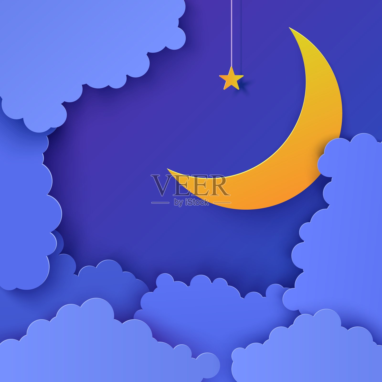 剪纸风格的夜空。3d背景与蓝色云雾景观与星星上的绳子和月亮剪纸艺术。可爱的纸折纸云。向量卡为祝愿晚安甜甜的梦。插画图片素材