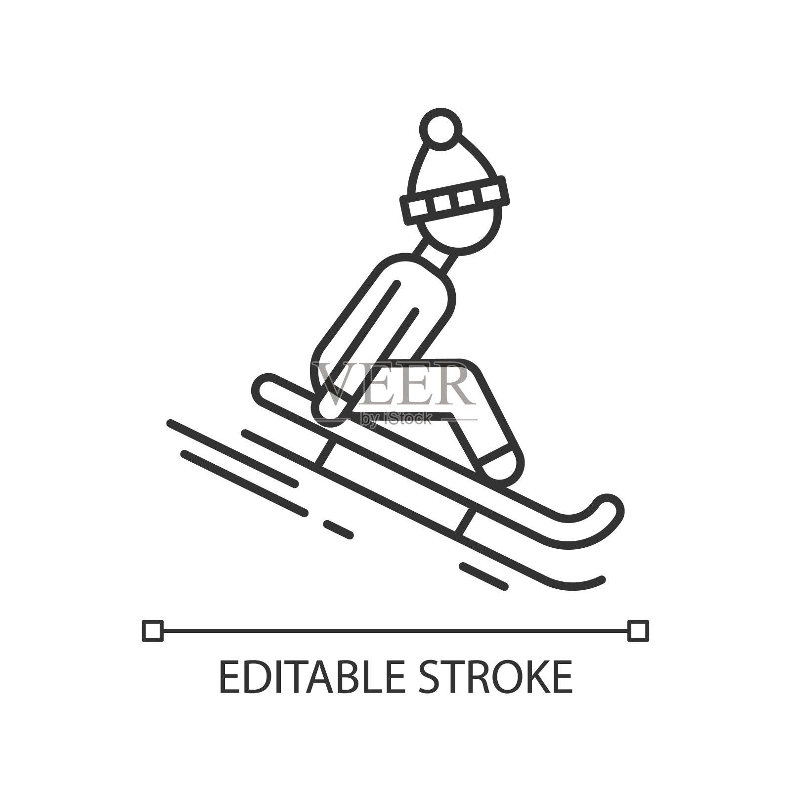 滑雪橇的线性图标。细线说明。冬季极限运动，冒险活动。雪橇骑。寒冷的季节休闲。轮廓的象征。矢量孤立轮廓绘制。可编辑的中风图标素材