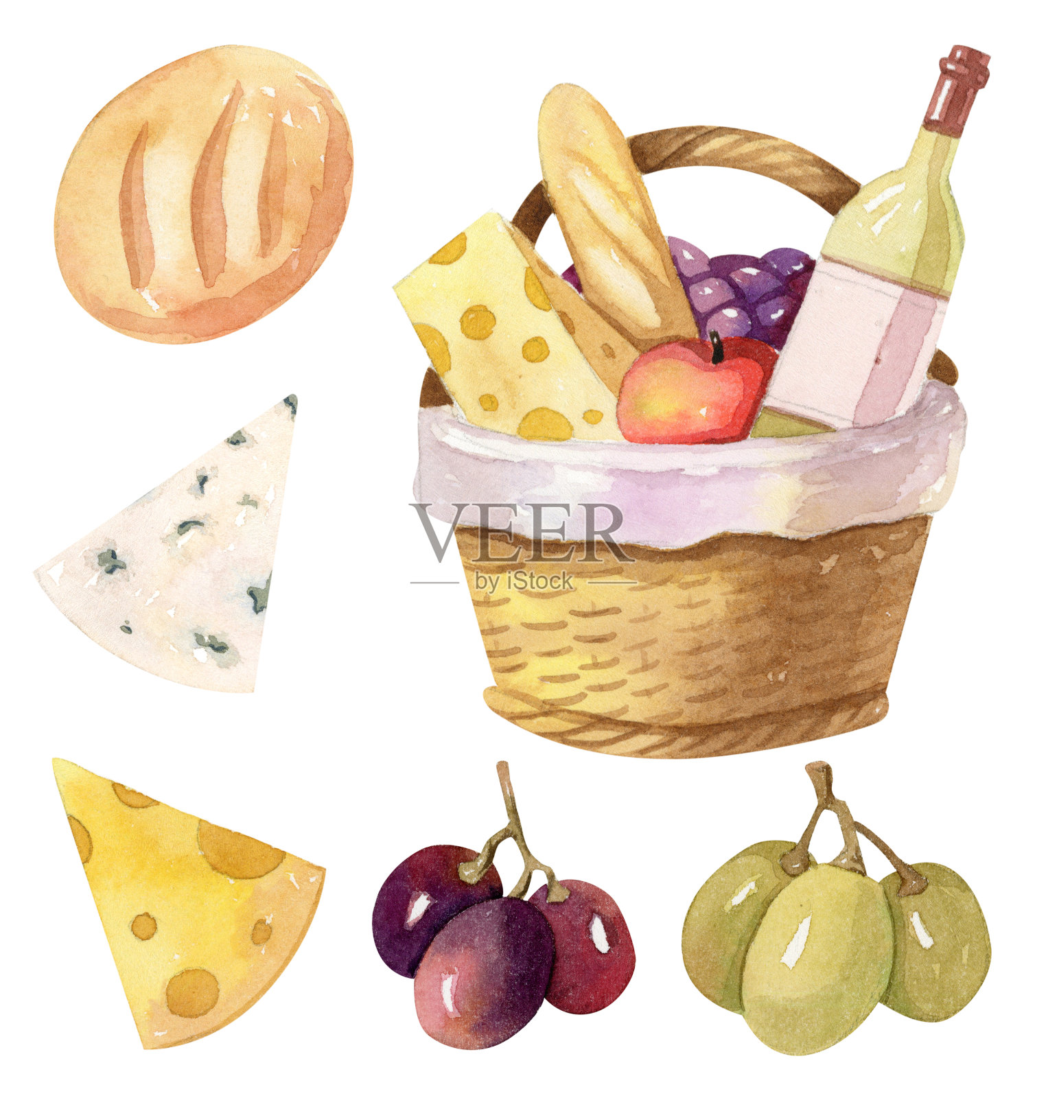 野餐篮子，葡萄酒，奶酪和面包插画图片素材