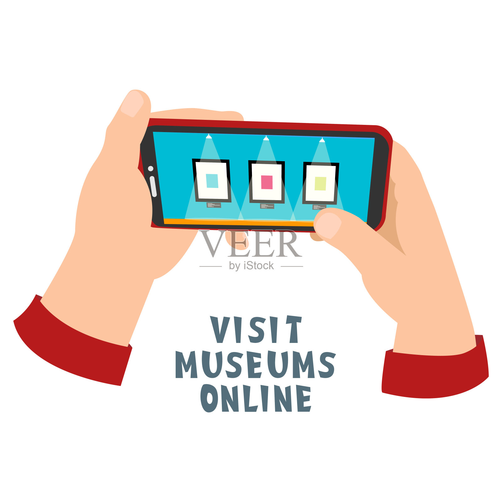 在线博物馆的概念，手握智能手机和参观互动博物馆展览在设备上的应用，画廊导览，数字展览，多媒体服务在家插画图片素材
