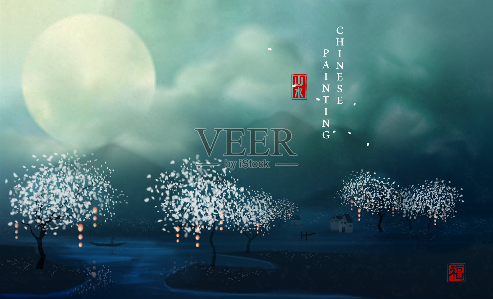 中国水墨画艺术背景优雅的山水风景田园美景与满月山在夜晚被云包围。中文翻译:风景与祝福。插画图片素材