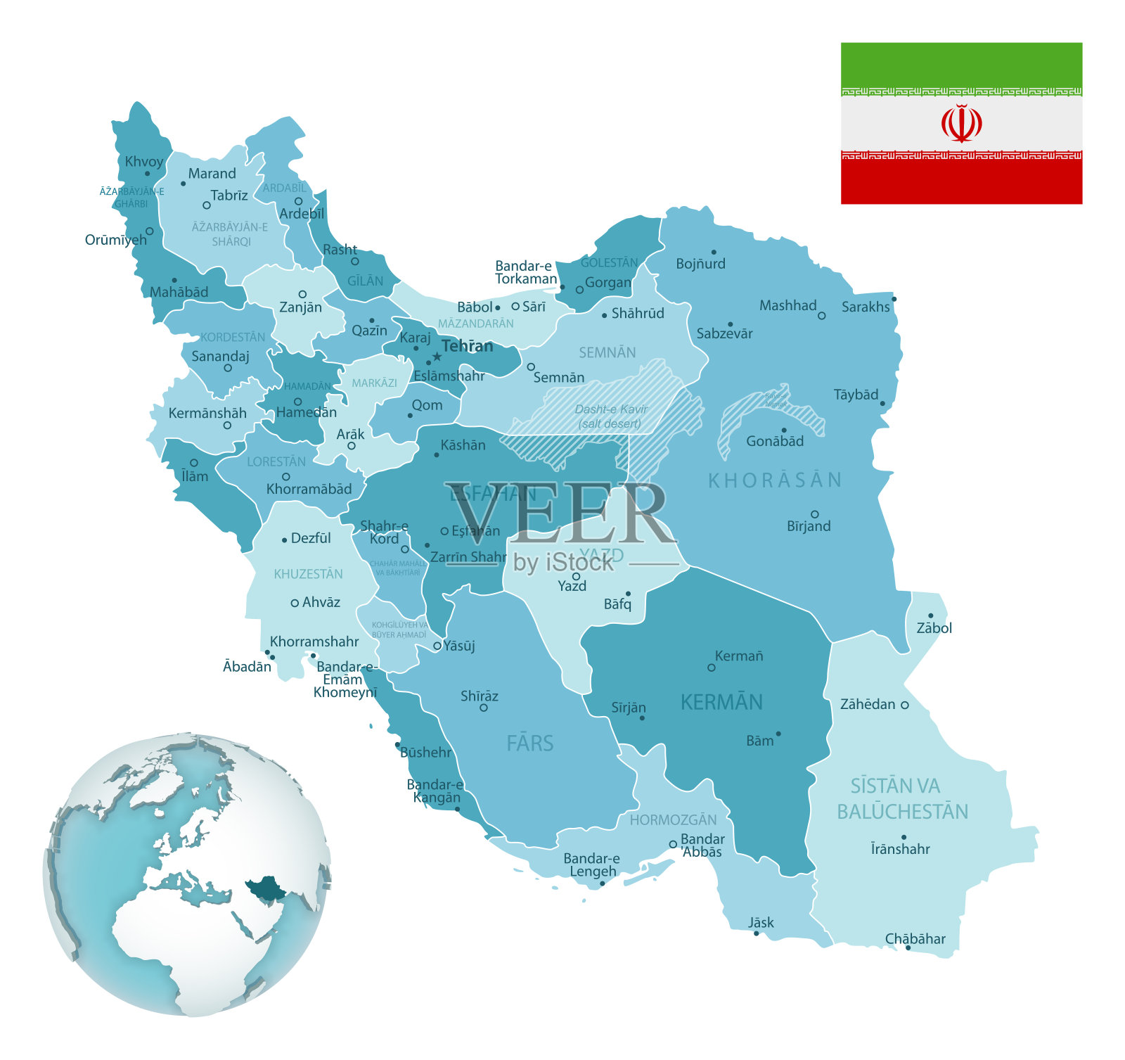 伊朗行政的蓝绿色地图上有国旗和全球位置。插画图片素材