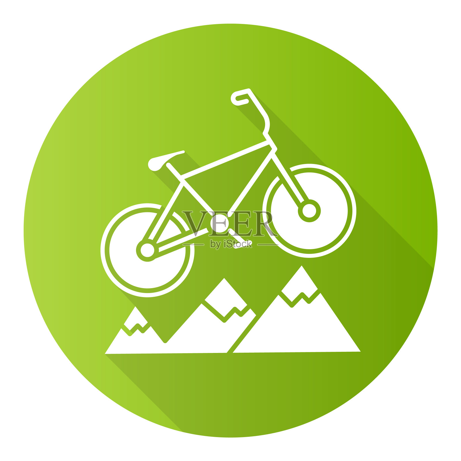 山地自行车绿色平坦设计长影字形图标。越野,下坡骑自行车。户外体育活动。在崎岖的地形上骑行。极限运动。向量轮廓图插画图片素材