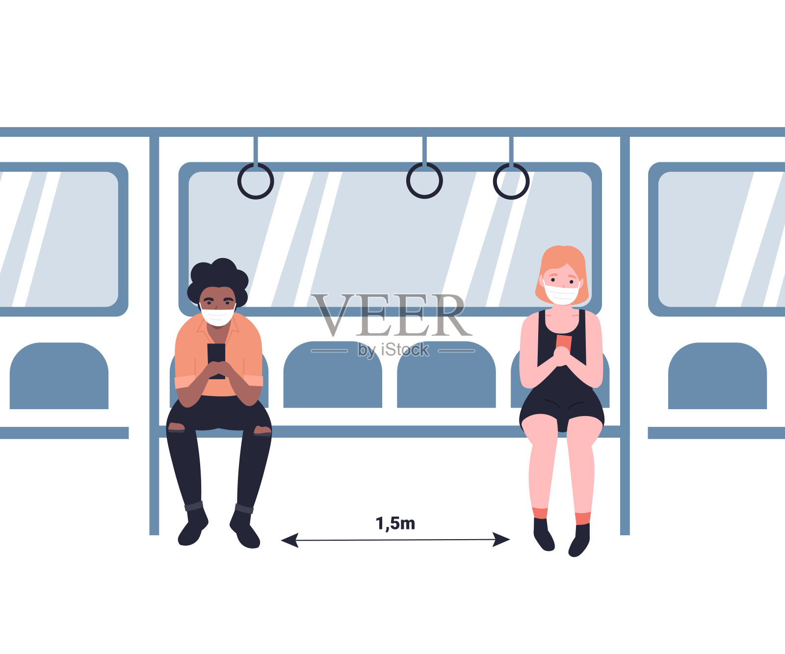 与柯伦的社会距离…在地铁概念中插画图片素材