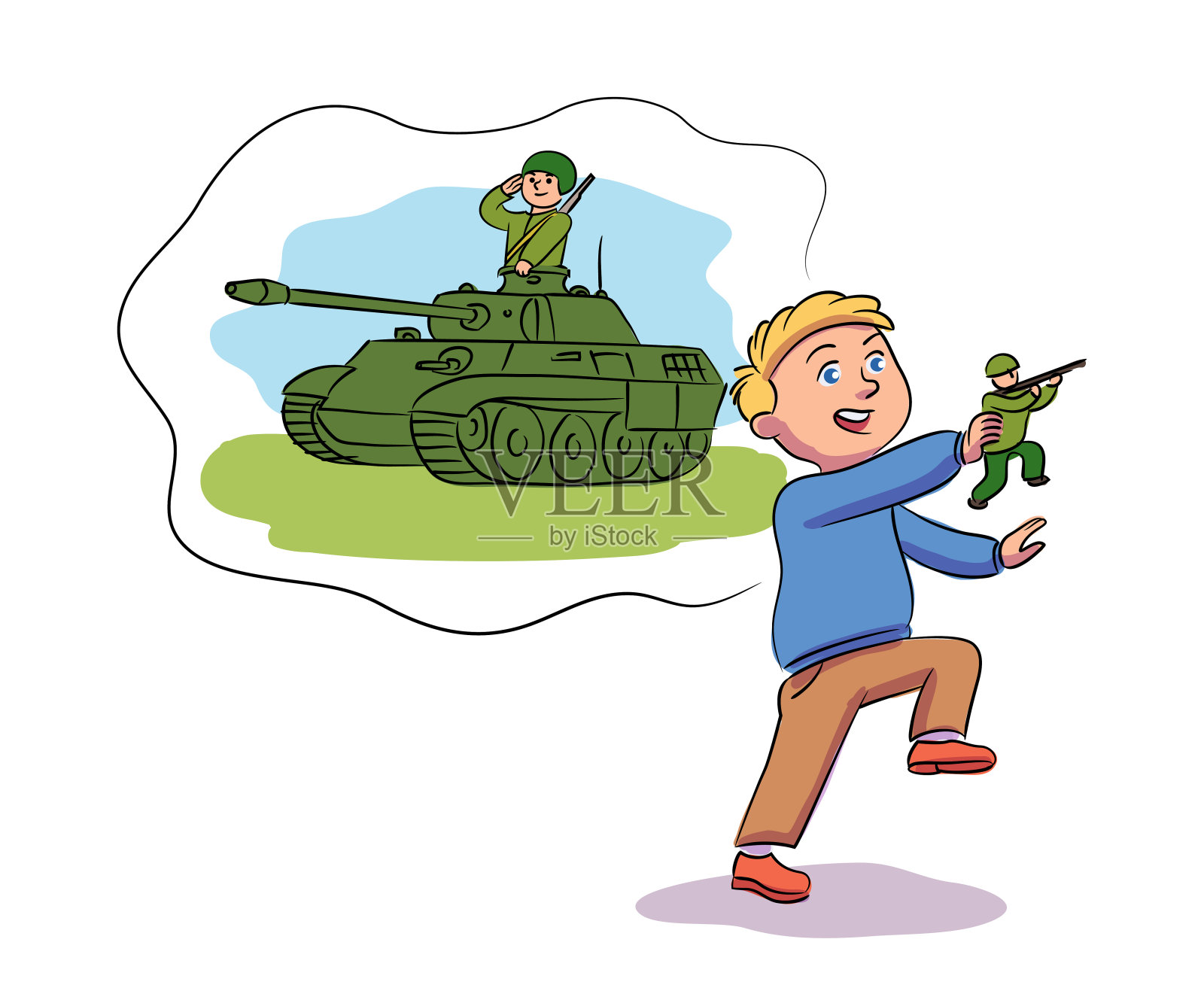 矢量角色男孩玩玩具士兵，坦克兵设计元素图片