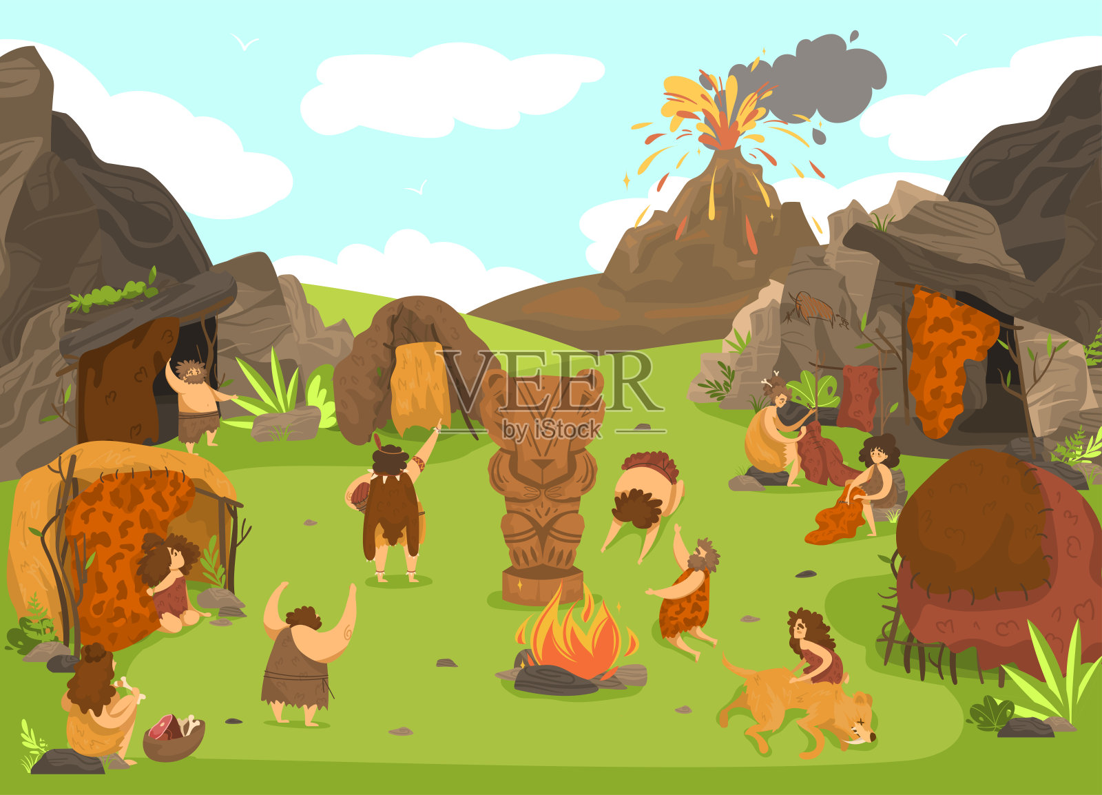 史前原始人定居，石器时代部落卡通人物，火山喷发，矢量插图插画图片素材