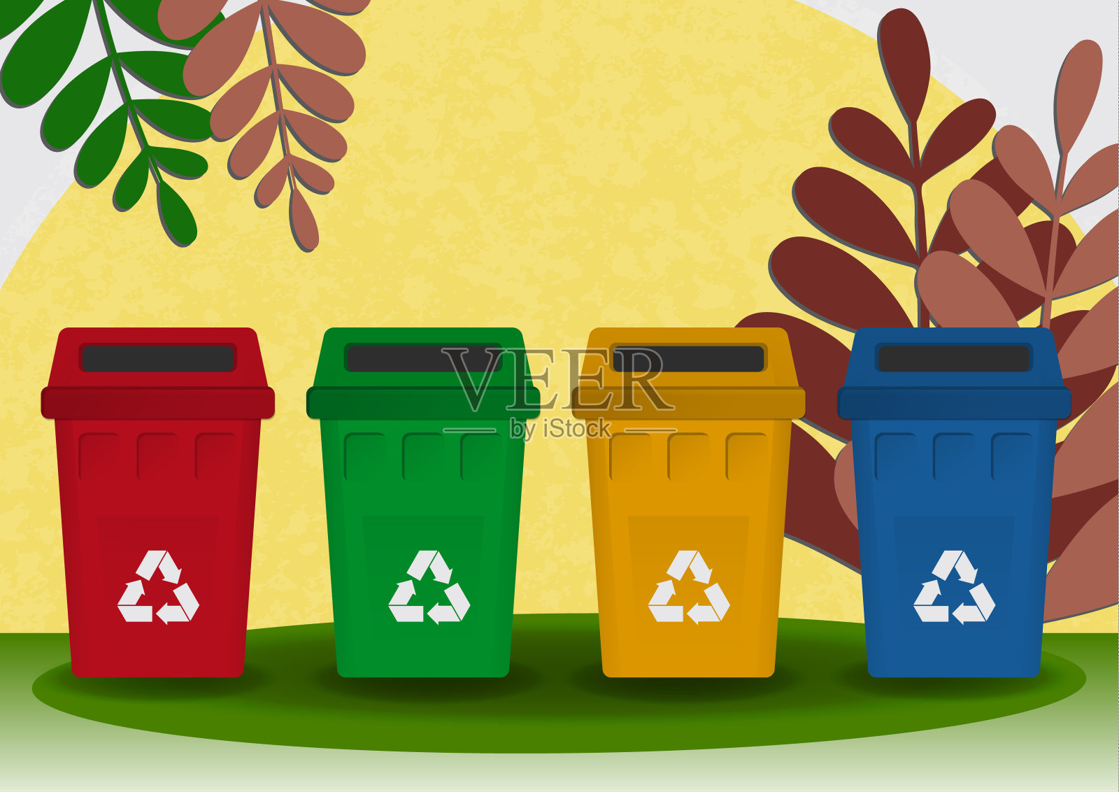 分开收垃圾，颜色鲜艳的垃圾容器装垃圾，植物。环境的概念，插画图片素材