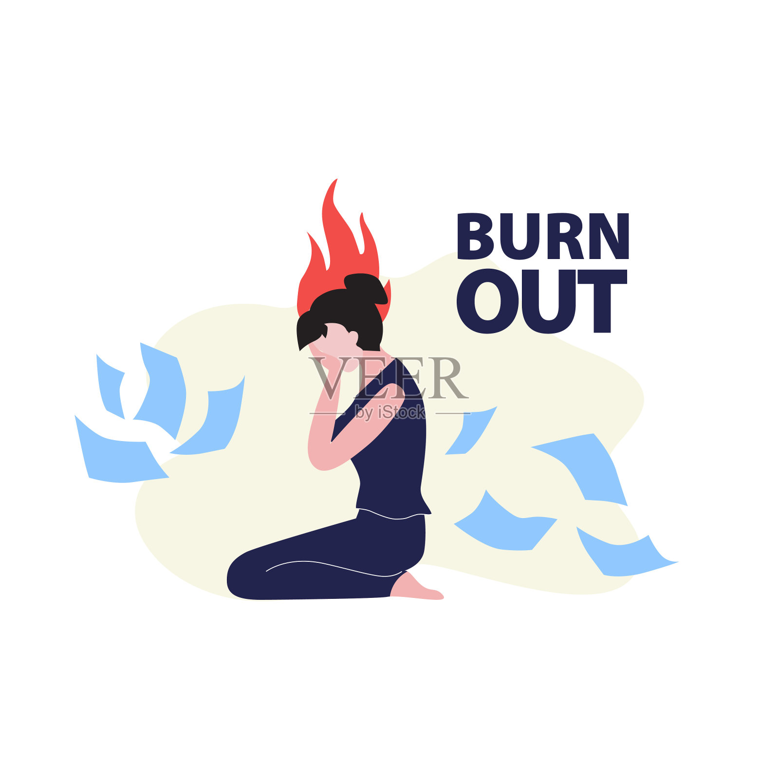 矢量插图的坐在女人与深色头发哭泣在地板上飞散的文件和火在她的头上。插画图片素材