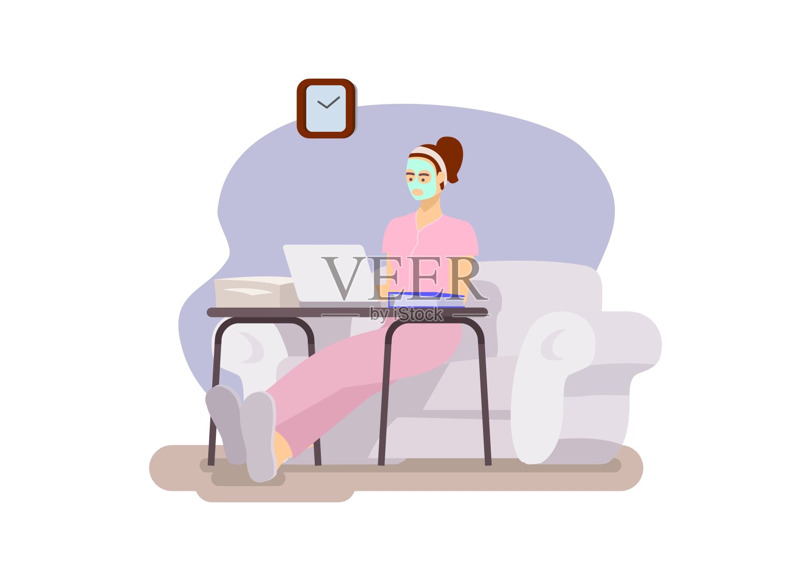 年轻女士戴着面膜在家工作。简单的平面插图。插画图片素材