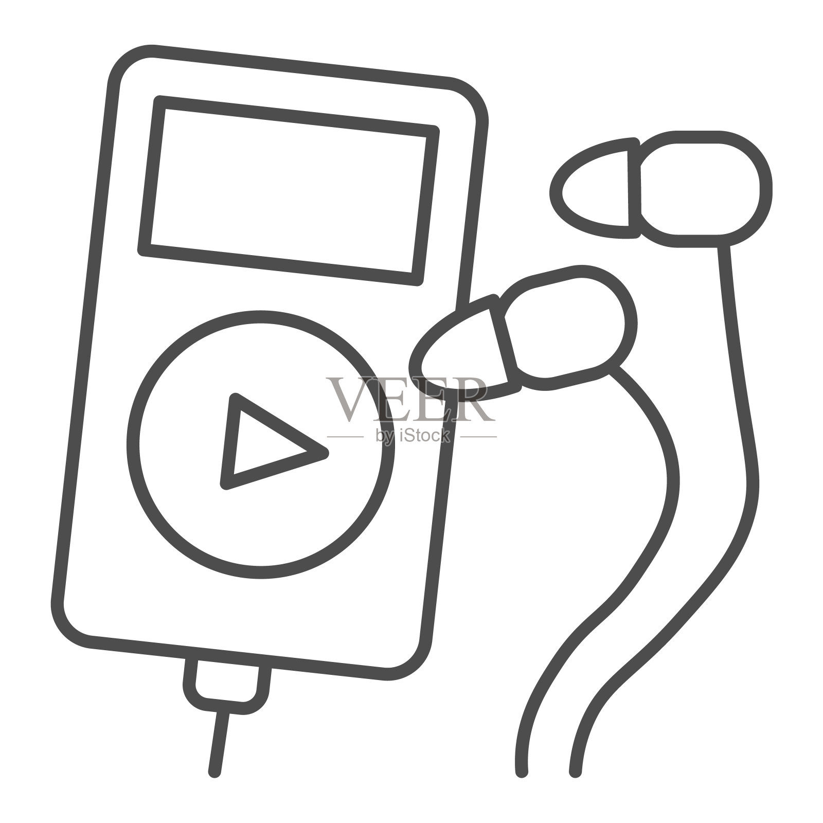 播放器和耳机细线图标。小型mp3播放器运动插图孤立在白色音乐播放器设备与耳机轮廓风格设计，设计为web和应用程序。Eps 10。插画图片素材