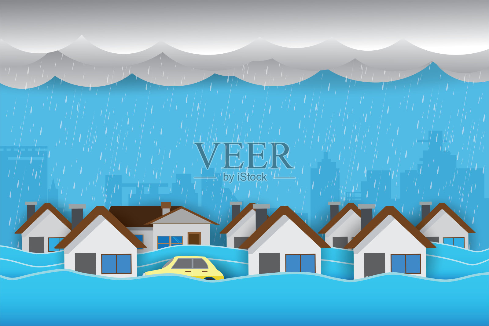 洪水自然灾害与房屋，大雨和暴风雨，破坏与房屋，云雨，淹没城市水，淹没房屋。插画图片素材