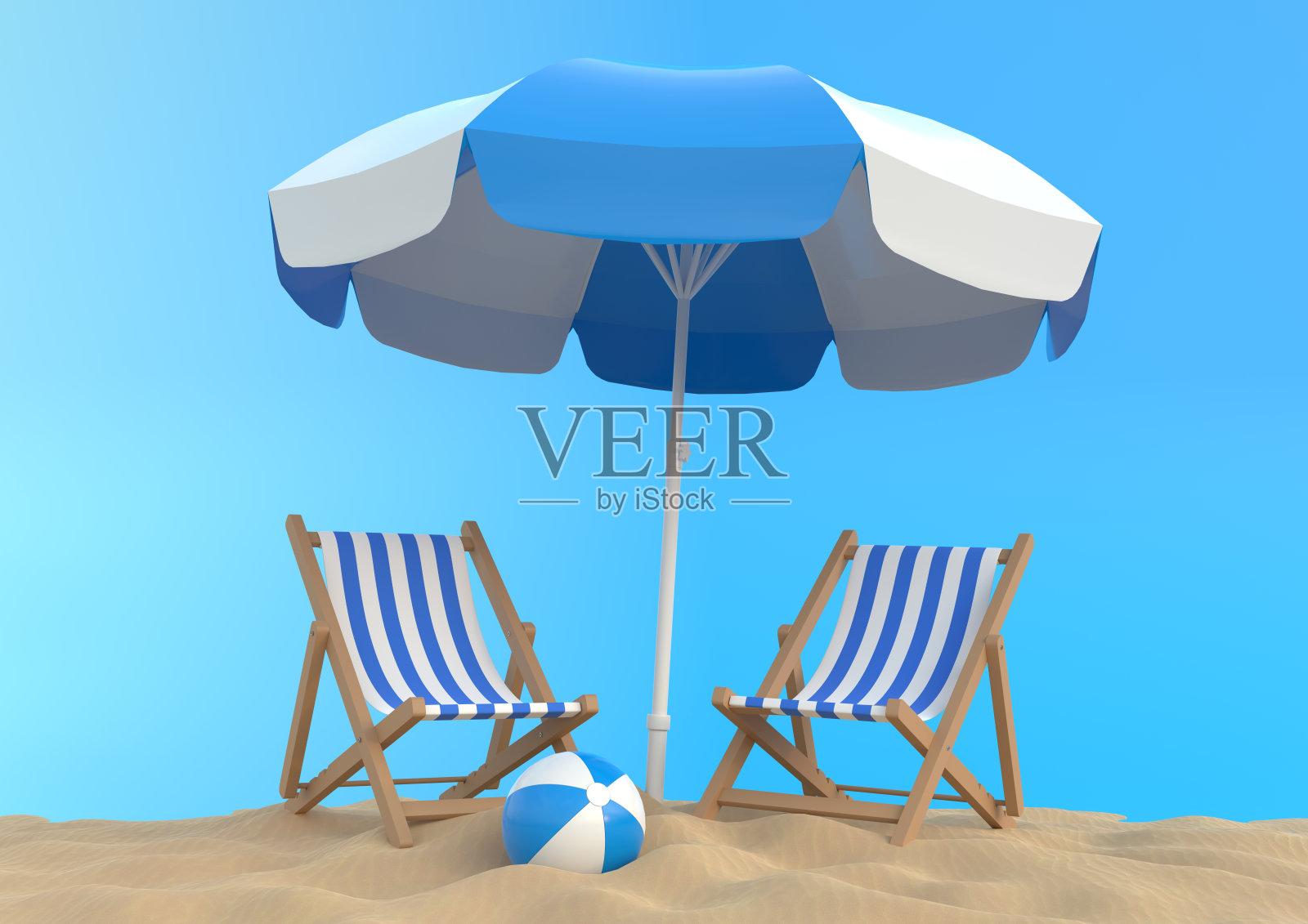 沙滩伞与椅子和沙滩配件在明亮的蓝色背景照片摄影图片