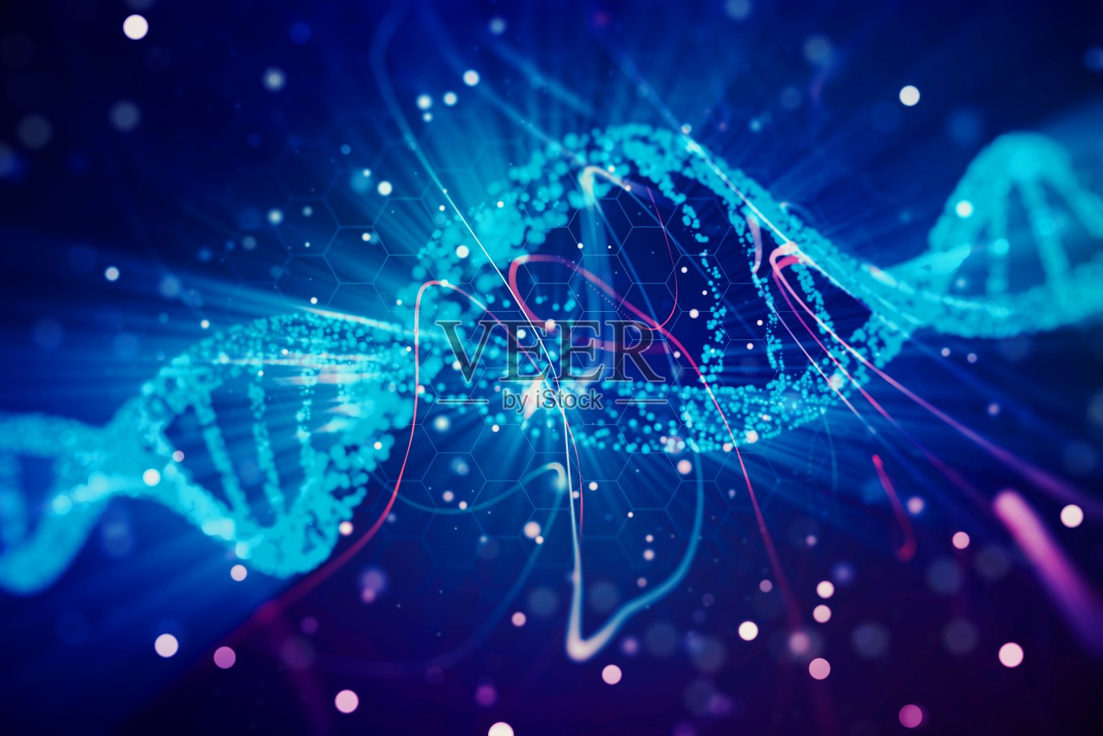 发光的DNA符号在抽象的蓝色背景，特写。三维渲染照片摄影图片