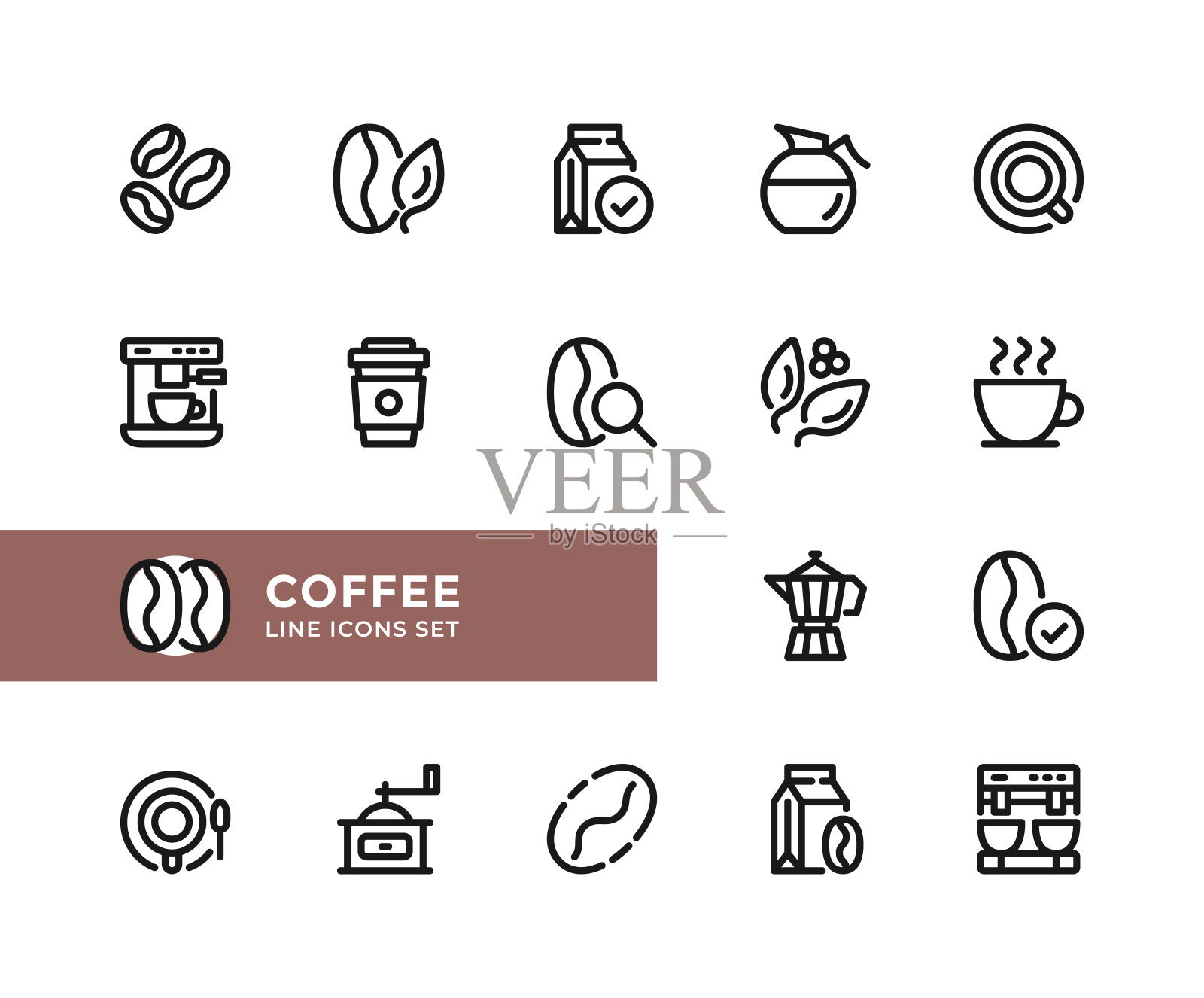 咖啡向量线图标。简单的一套轮廓符号，现代线性平面设计元素。咖啡图标集。像素完美图标素材