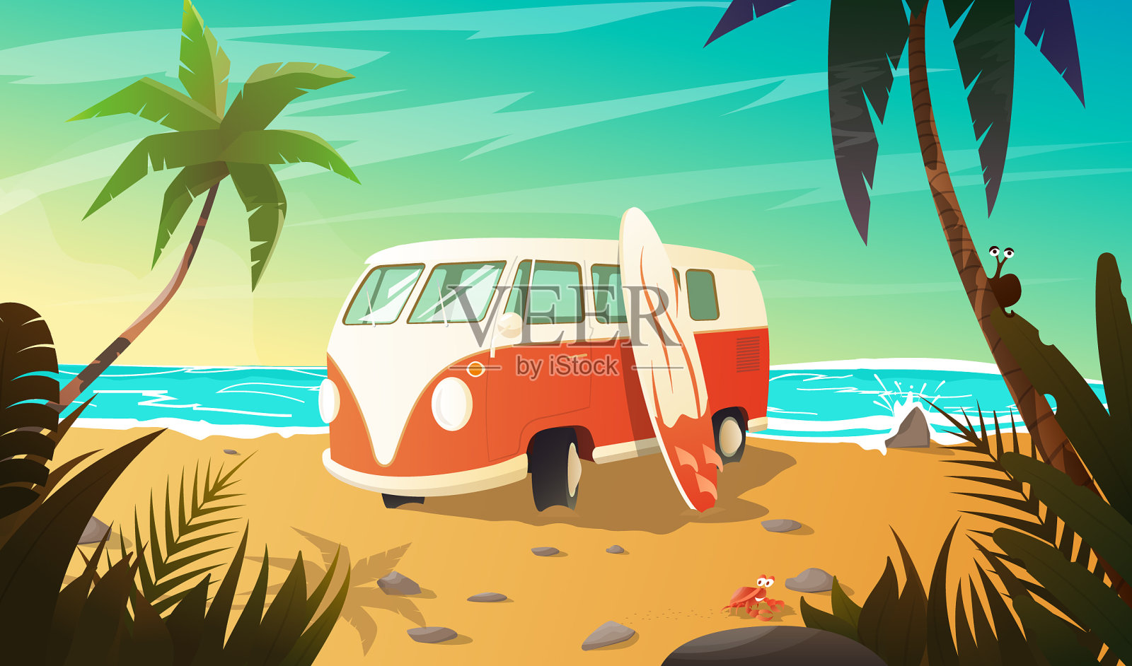 海滩上的旧巴士，还有冲浪板插画图片素材