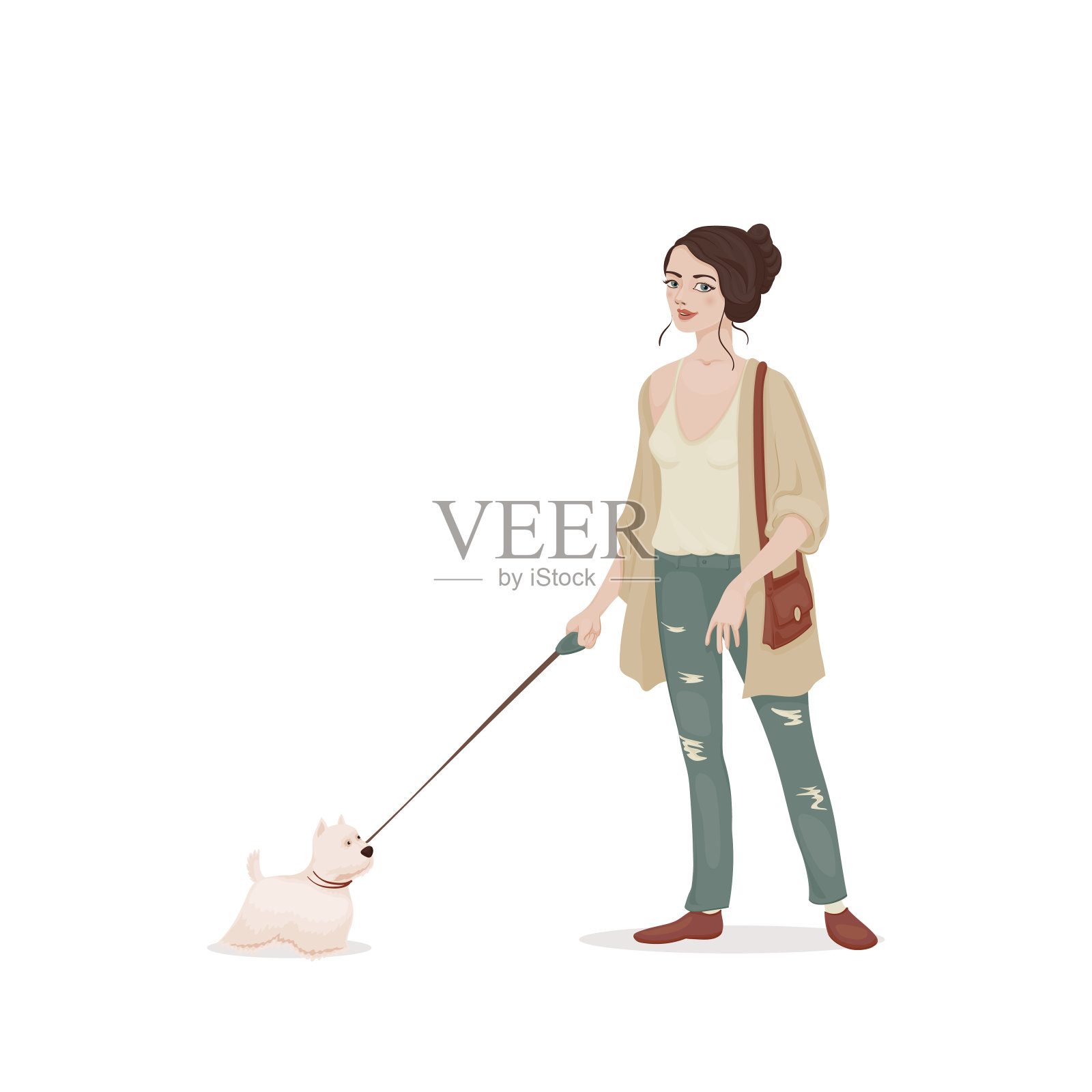 年轻女子，棕色头发，米色开衫和牛仔裤，带着一只白色的狗。小狗走的女孩。矢量插图。设计元素图片