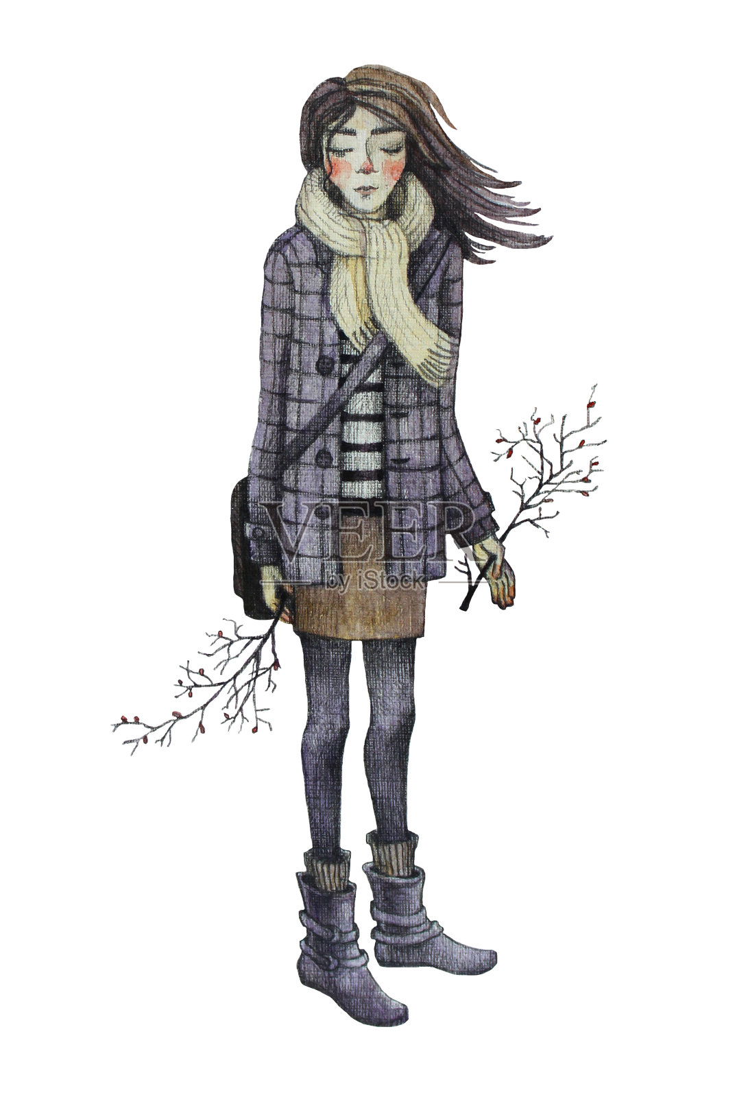 手绘铅笔插图女孩与树枝在大衣秋冬春冷风孤立在白色的背景插画图片素材