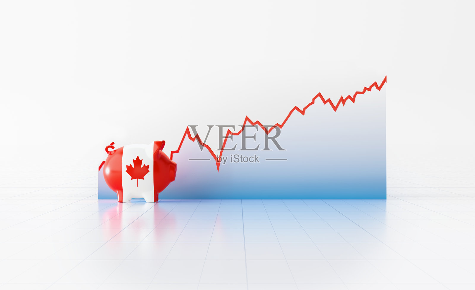 小猪银行纹理与加拿大国旗坐在前面的线形图上的白色背景照片摄影图片