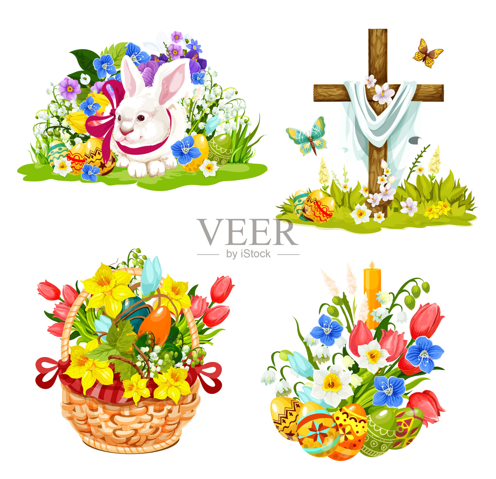 复活节彩蛋，兔子和柳条图案的花插画图片素材