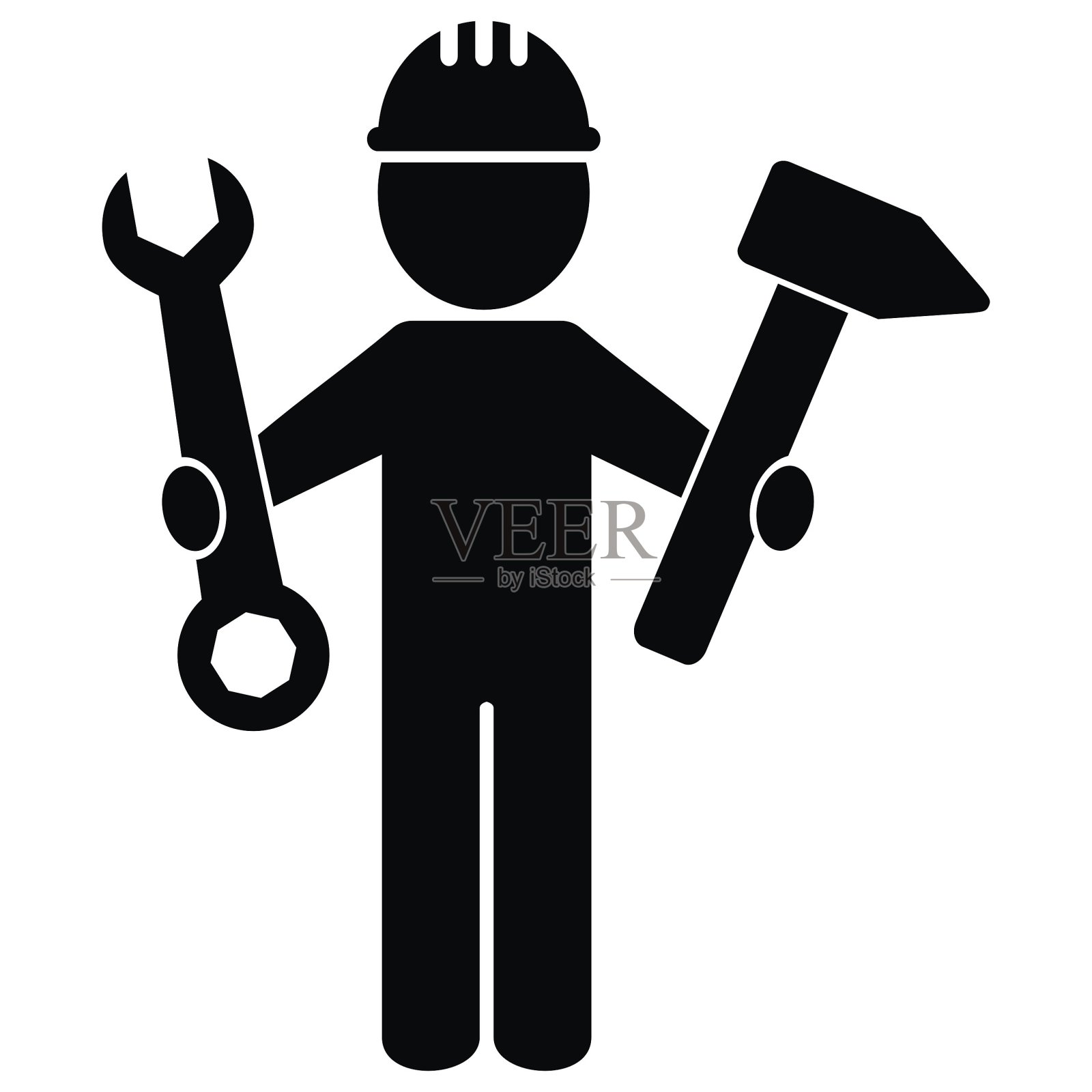 工人带安全帽和工具，黑色矢量图标图标素材