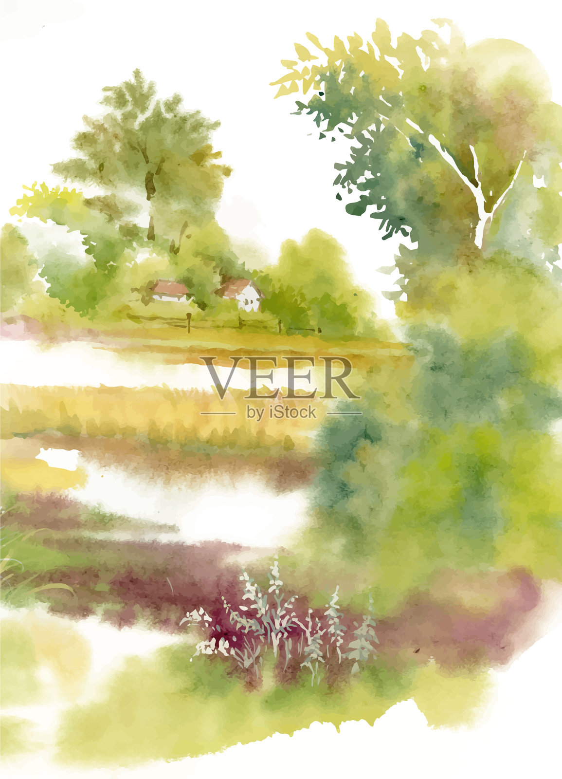 水彩画的夏季乡村景观插画图片素材