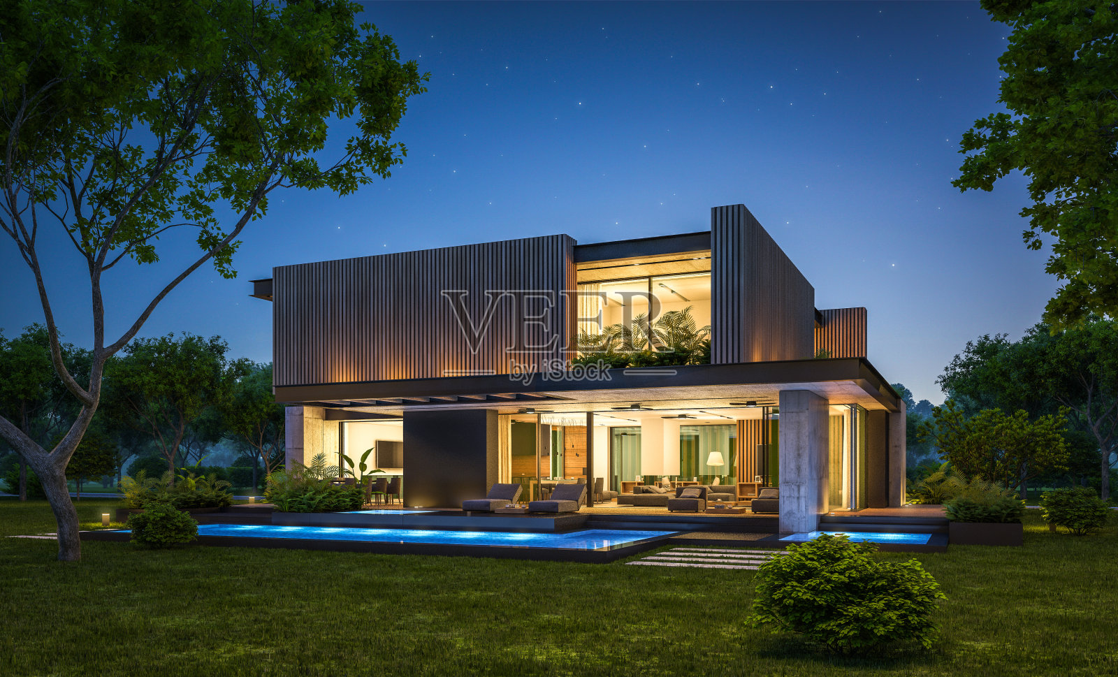 现代住宅的3d渲染与木板立面在晚上照片摄影图片