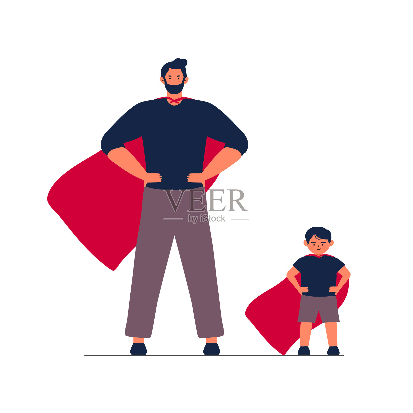 父亲和孩子们穿着超级英雄的红蓝套装。快乐的父亲节。爸爸是我的英雄家庭人物插图。未来的职业。的童年。信任和。家庭日。父亲和儿子的未来。设计元素图片