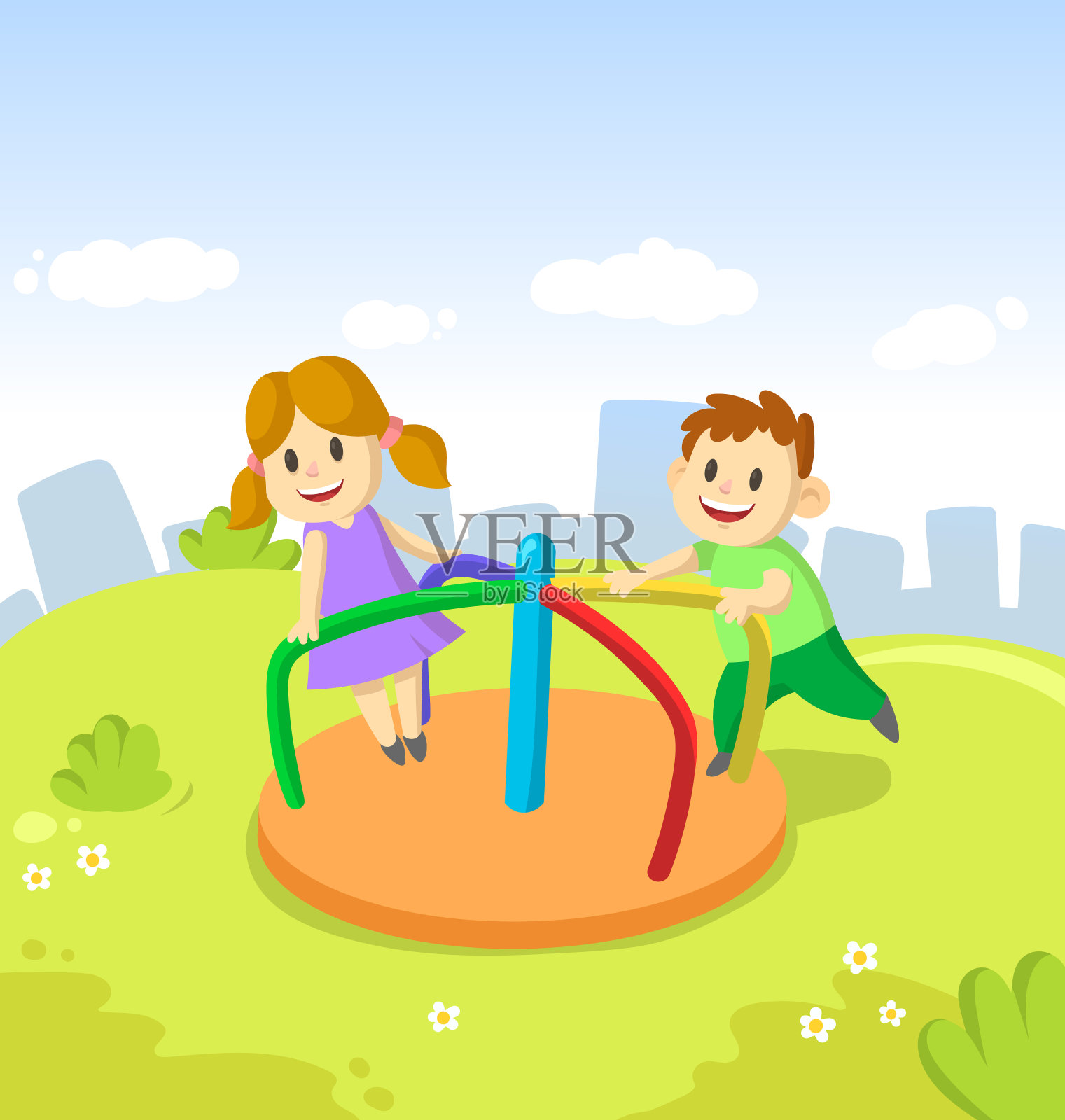 女孩和男孩骑在小旋转木马在城市的娱乐公园和蓝天的背景。儿童在游乐园的游戏。有趣的卡通人物。卡通矢量平面插图。插画图片素材
