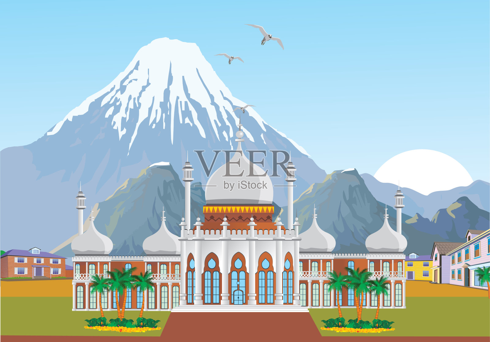 以山脉为背景的阿拉伯宫殿插画图片素材