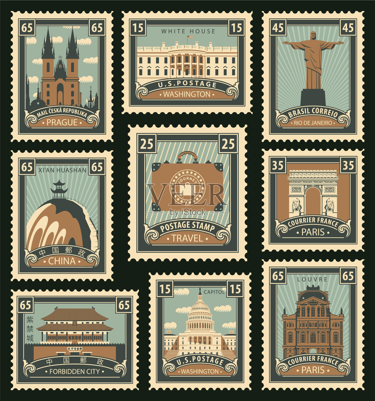 一套以旅游为主题的邮票插画图片素材