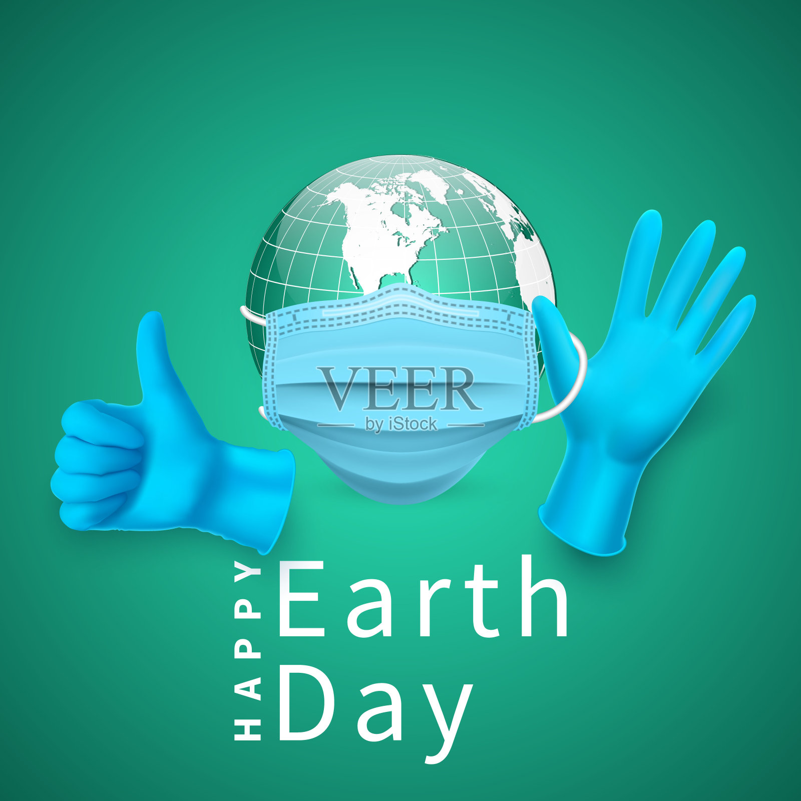 快乐的地球日。地球在医疗口罩和医用乳胶手套。矢量图插画图片素材