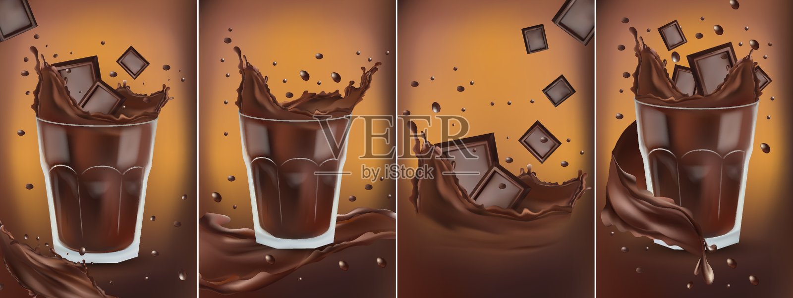 3D逼真的巧克力飞溅在透明的玻璃与巧克力碎片。溅的黑巧克力。热巧克力，可可，鸡尾酒或咖啡饮料。横幅。矢量插图设计标签。插画图片素材