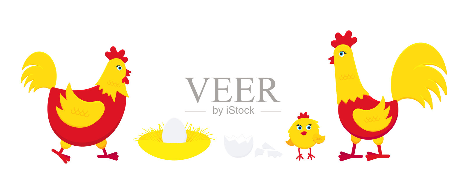 黄色和红色的鸡用破蛋、鸡窝、公鸡和小鸡的平面风格设计矢量插图。养鸡家禽标志。隔离在白色背景上的家禽。插画图片素材