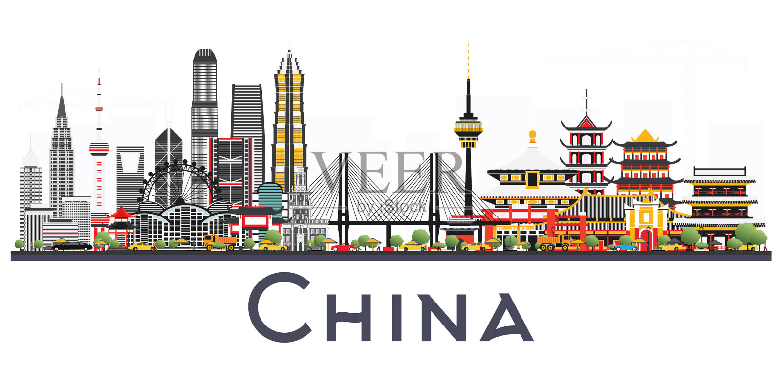 中国城市天际线孤立在白色的背景插画图片素材