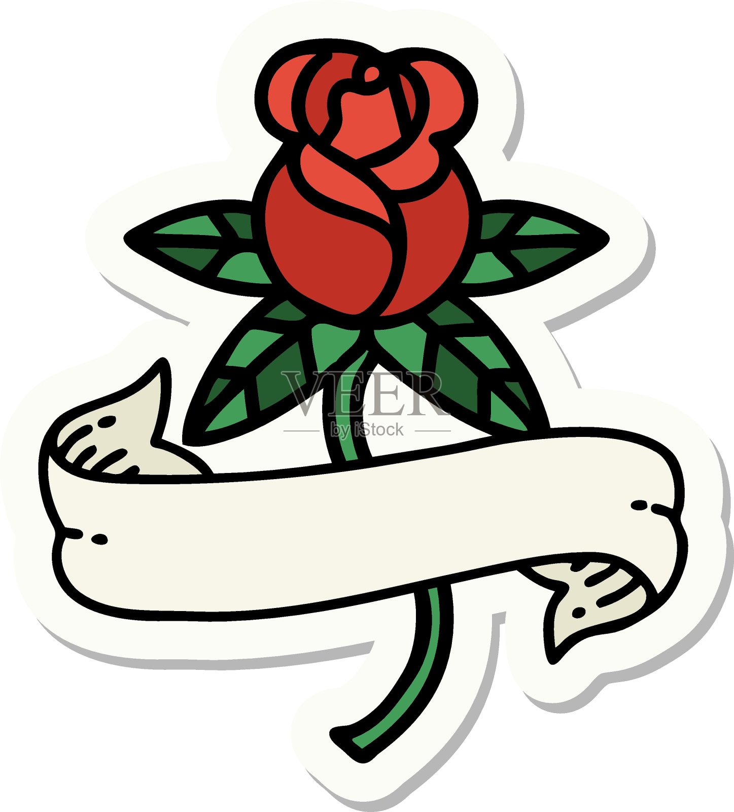 纹身风格贴纸的玫瑰和旗帜插画图片素材