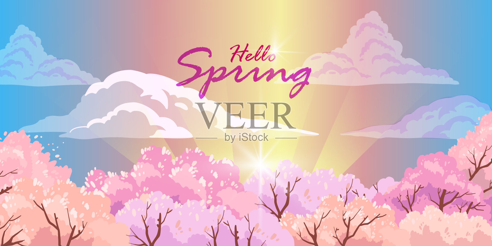 盛开的樱花股票背景与光线，耀斑，云彩，樱桃树和天空。插画图片素材
