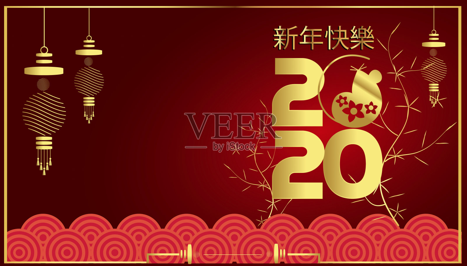 中文字母文本中国新年2020翻译，老鼠与中国灯，背景红色和金色。插画图片素材